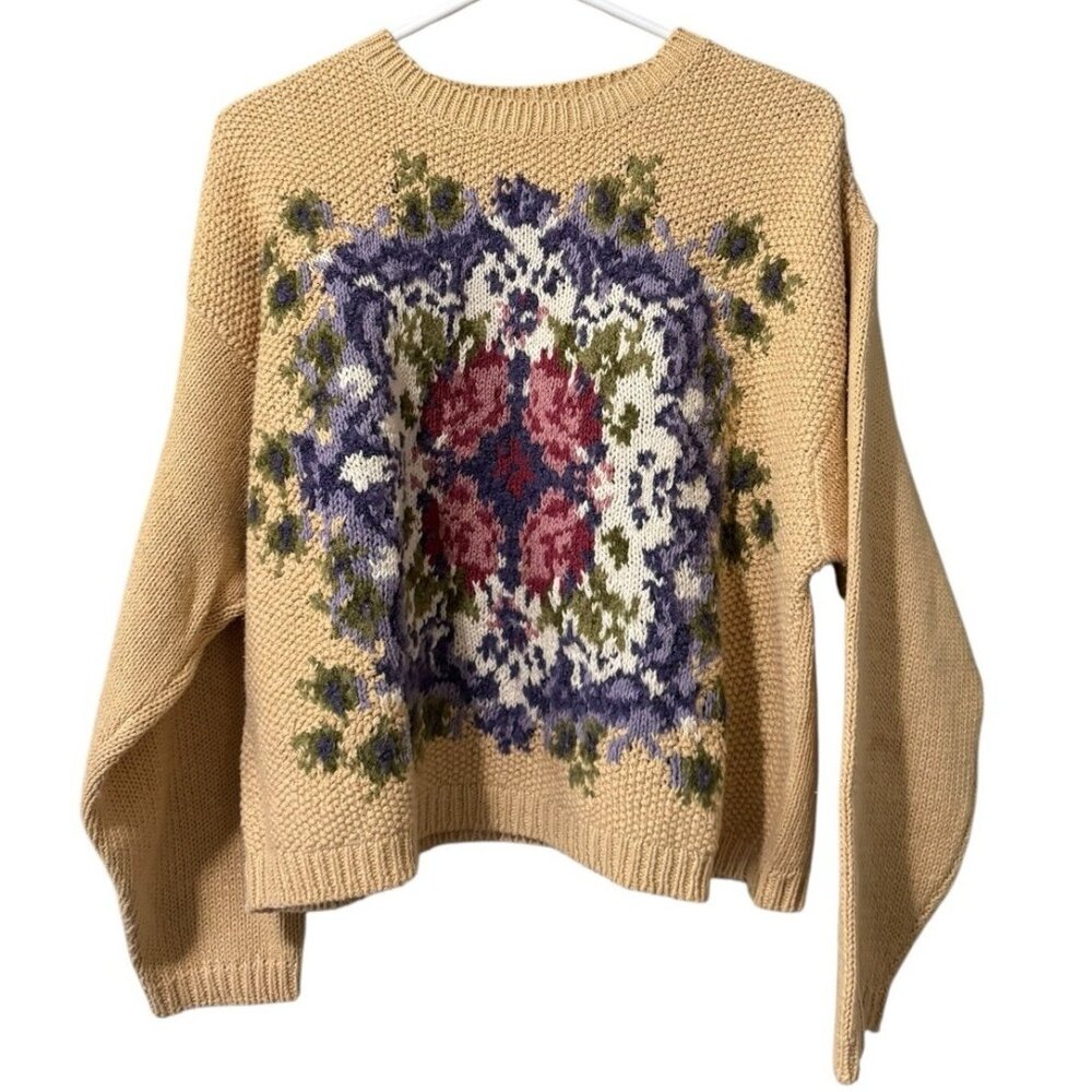 Liz Sports Women Sz Large Hand Knitted Floral Sweater GrandmaCore Wool Blend VTG